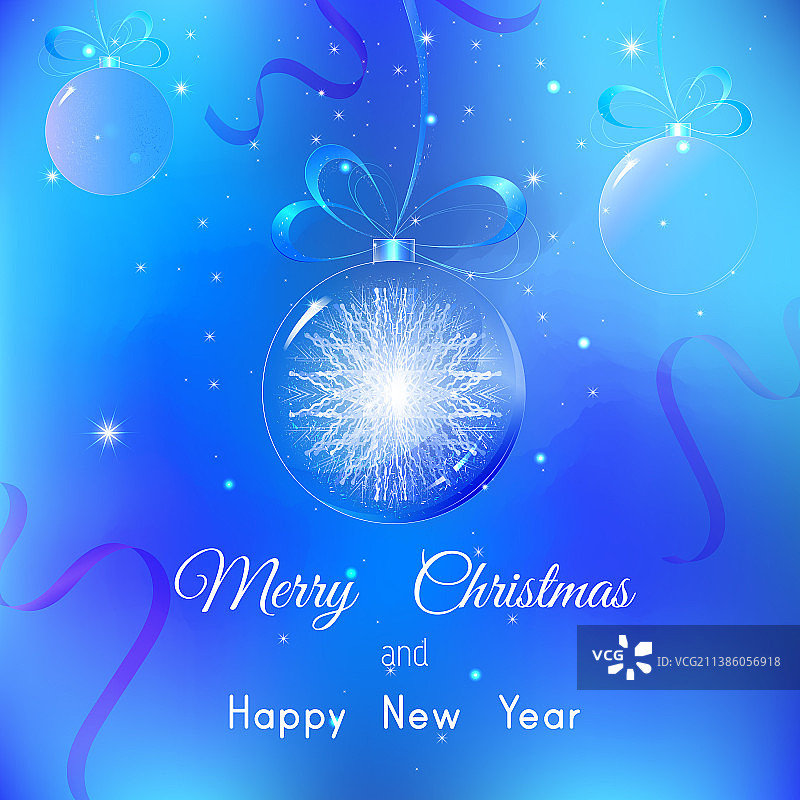 蓝色玻璃圣诞球，内有雪花图片素材