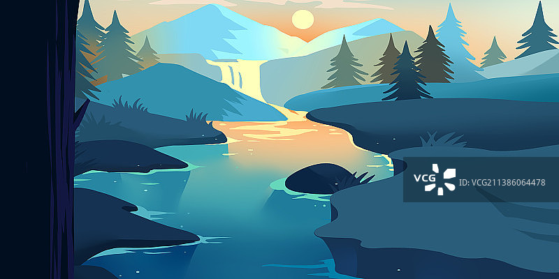 蓝色河流横版插画2图片素材