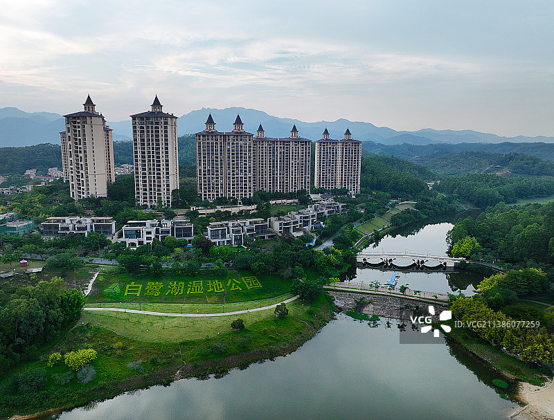广东省惠州市惠城区汝湖雅居乐白鹭湖湿地公园沙滩航拍图片素材