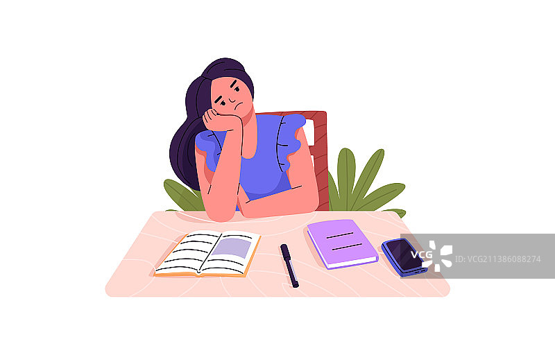 坐在桌旁感到沮丧的学生图片素材