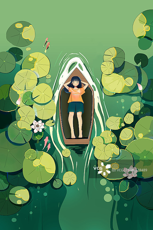 夏天女孩在池塘悠闲乘凉图片素材