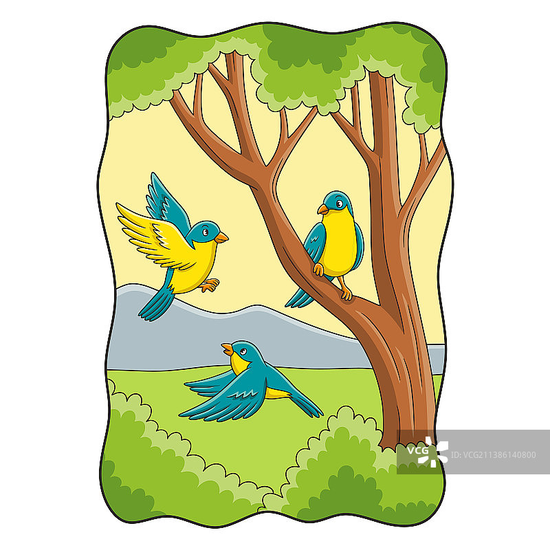 卡通三鸟在树上玩耍图片素材