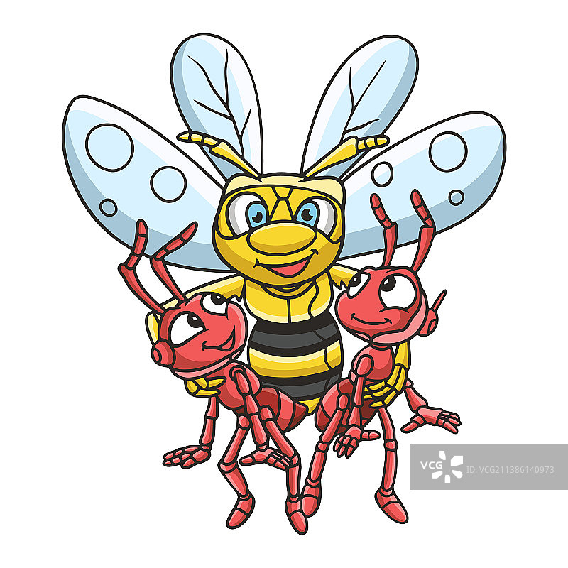 卡通蜜蜂与两只红蚂蚁图片素材