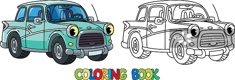 有趣的卡通复古小汽车填色书图片素材