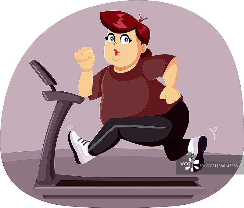 超重女人在跑步机上跑步卡通图片素材