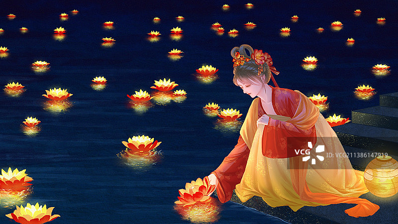 夜晚穿着汉服的少女蹲在水边放河灯祈福图片素材