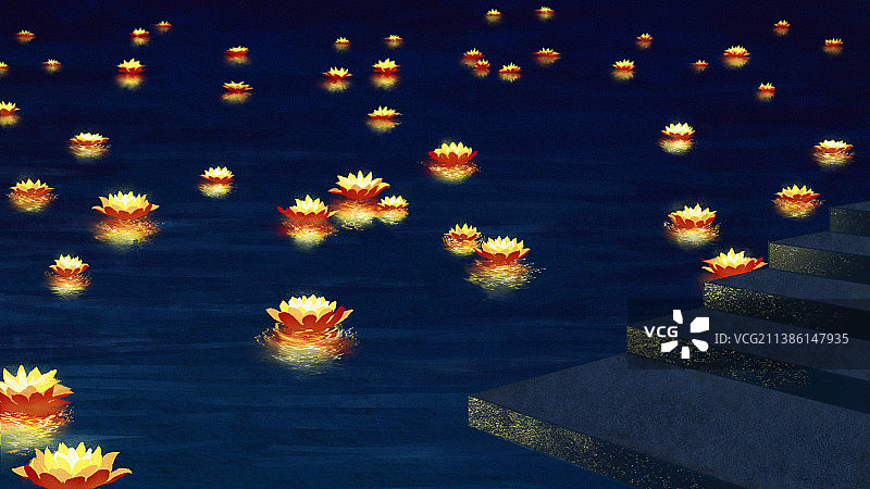 夜晚河边台阶莲花灯荷花灯无人场景图片素材