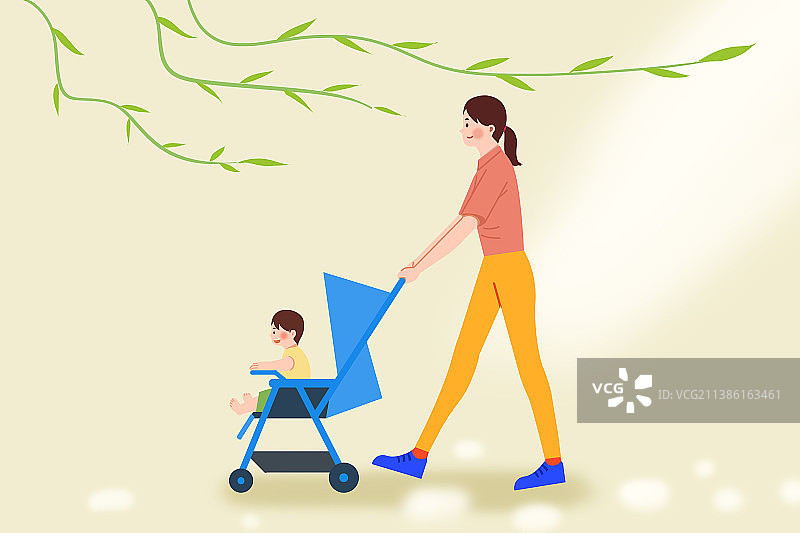 卡通扁平风亲子互动户外早晨外出遛弯妈妈和宝宝可爱插画图片素材