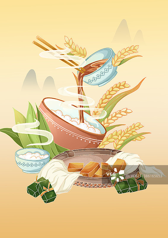 国风黄粑糯米糕点糍粑食物插画图片素材