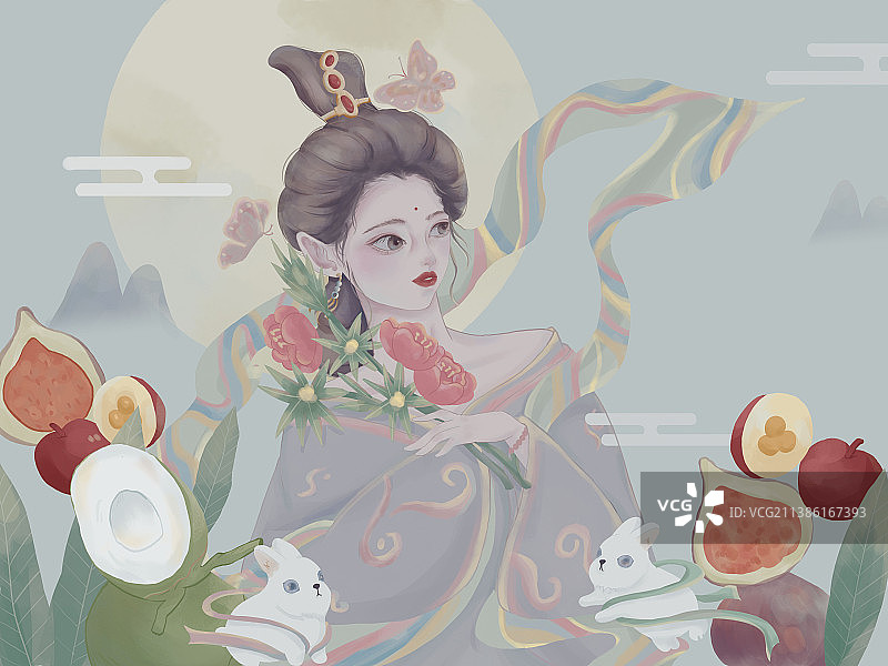 中秋嫦娥食物食材古风少女人物插画图片素材