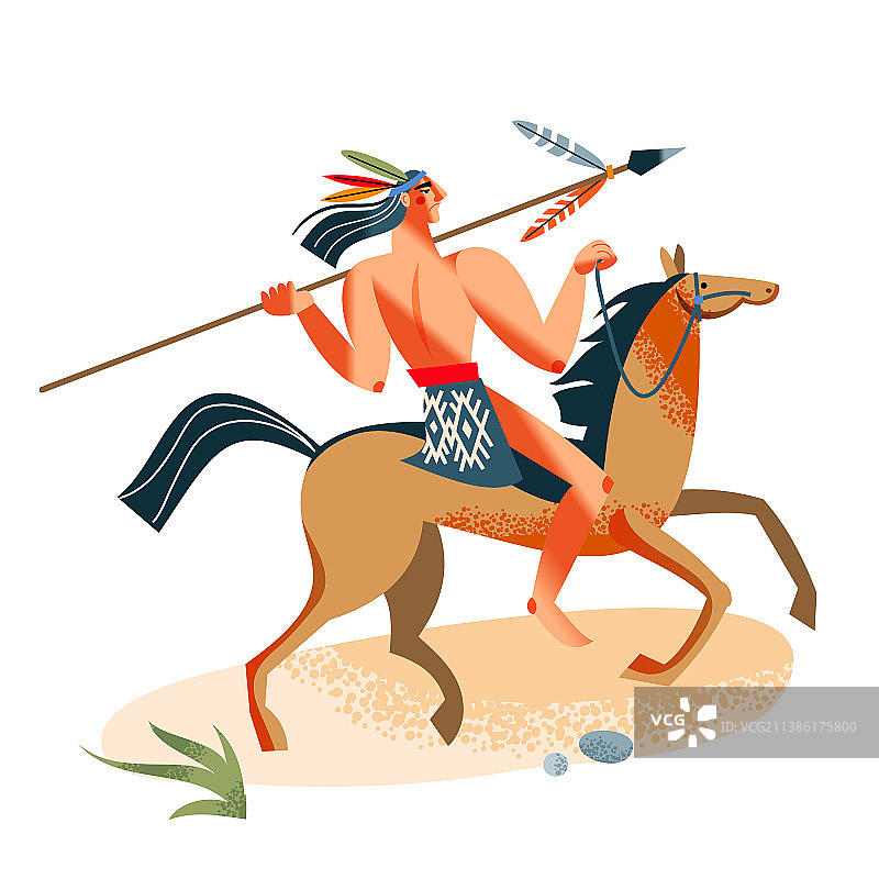 狂野西部：印第安男子骑马持矛图片素材