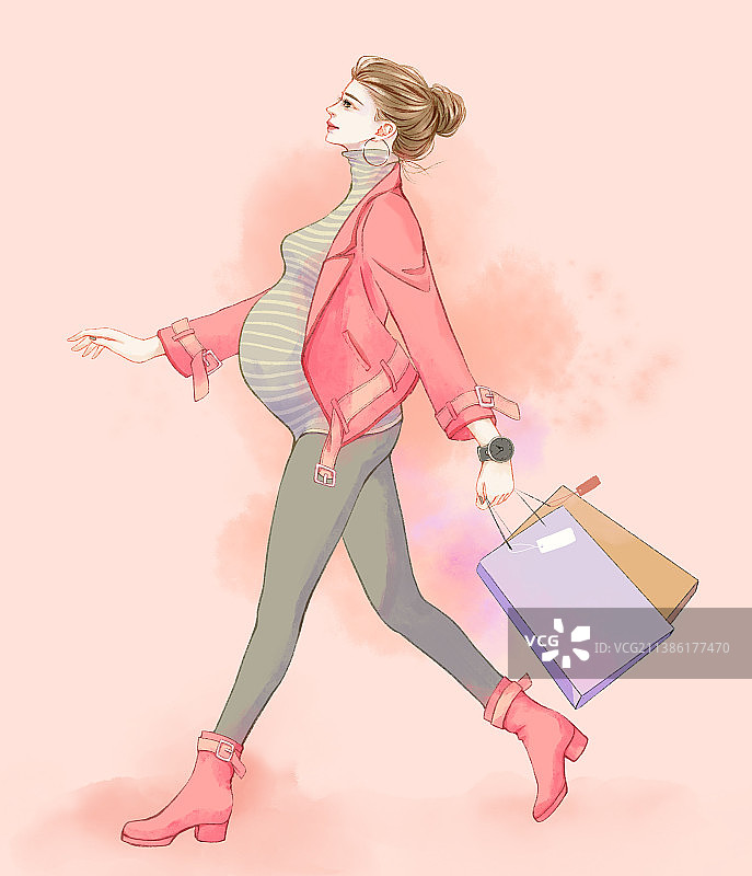 昂着头自信行走的时尚魅力孕妇提着购物袋图片素材