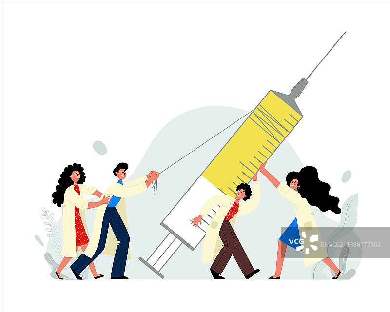 快乐的医生携带疫苗瓶为所有人接种疫苗图片素材