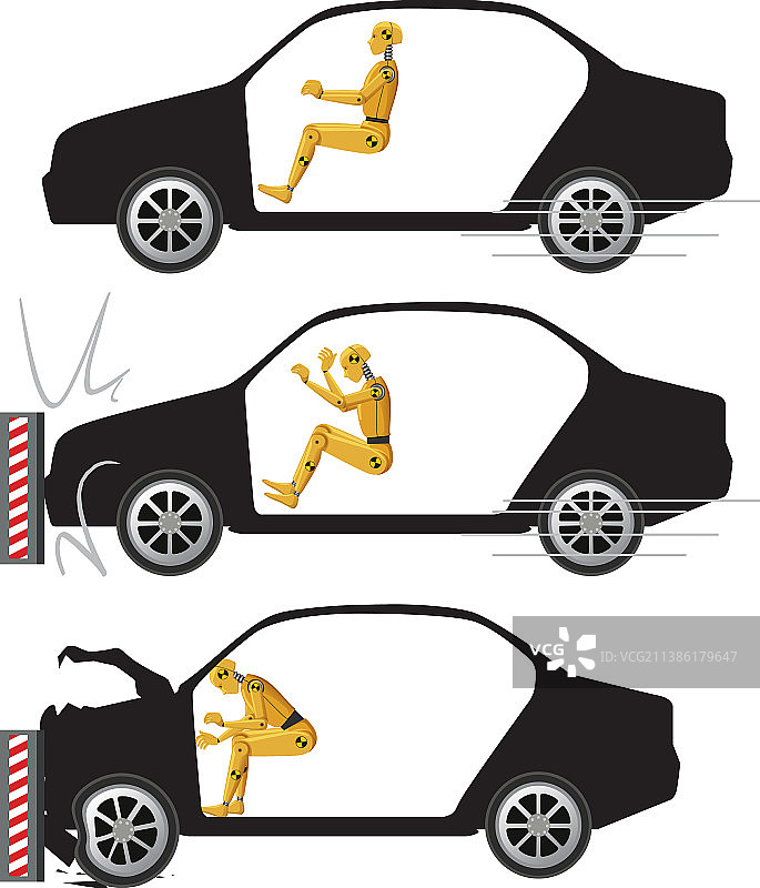 碰撞测试假人与损坏的汽车图片素材