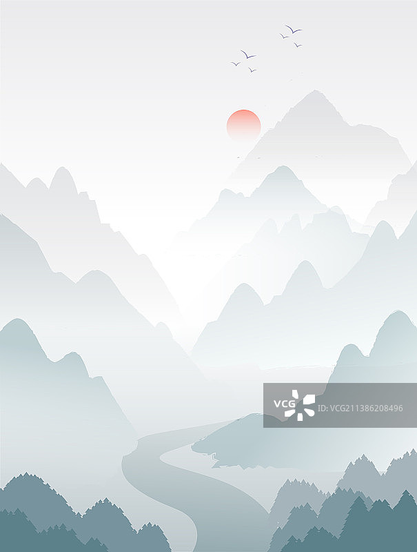 中国风水墨山水日出日落色彩旅图片素材