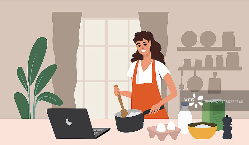 卡通女人在厨房准备食物图片素材