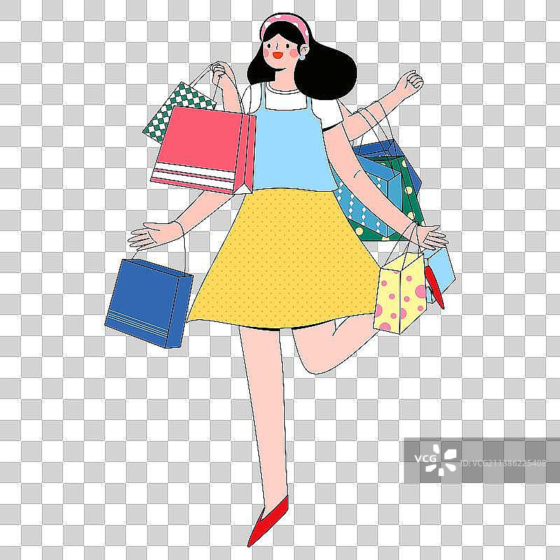 开心购物的女孩矢量人物插画元素图片素材