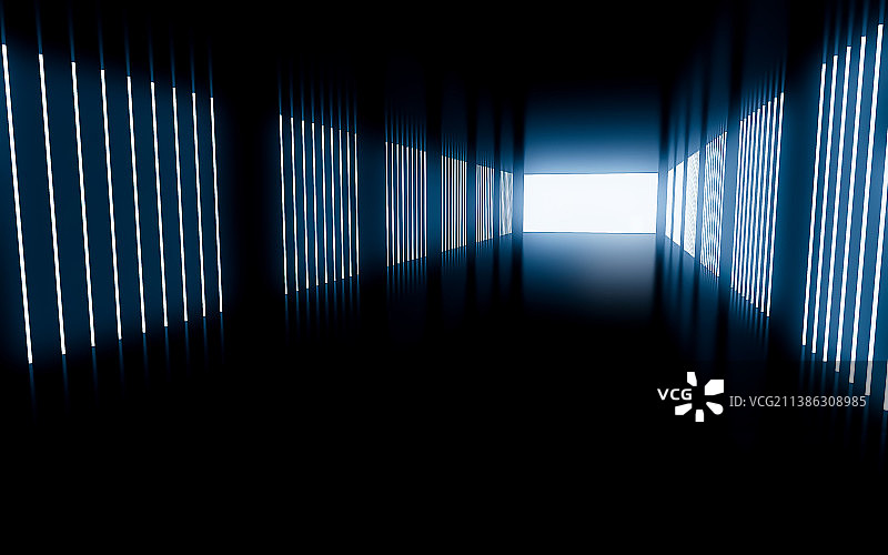 人造空间隧道出口,室内大厅透视图,发光灯柱图片素材