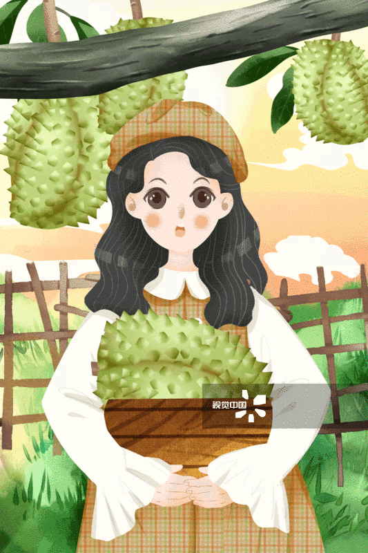 可爱女孩果园推销水果榴莲插画-GIF动图图片素材