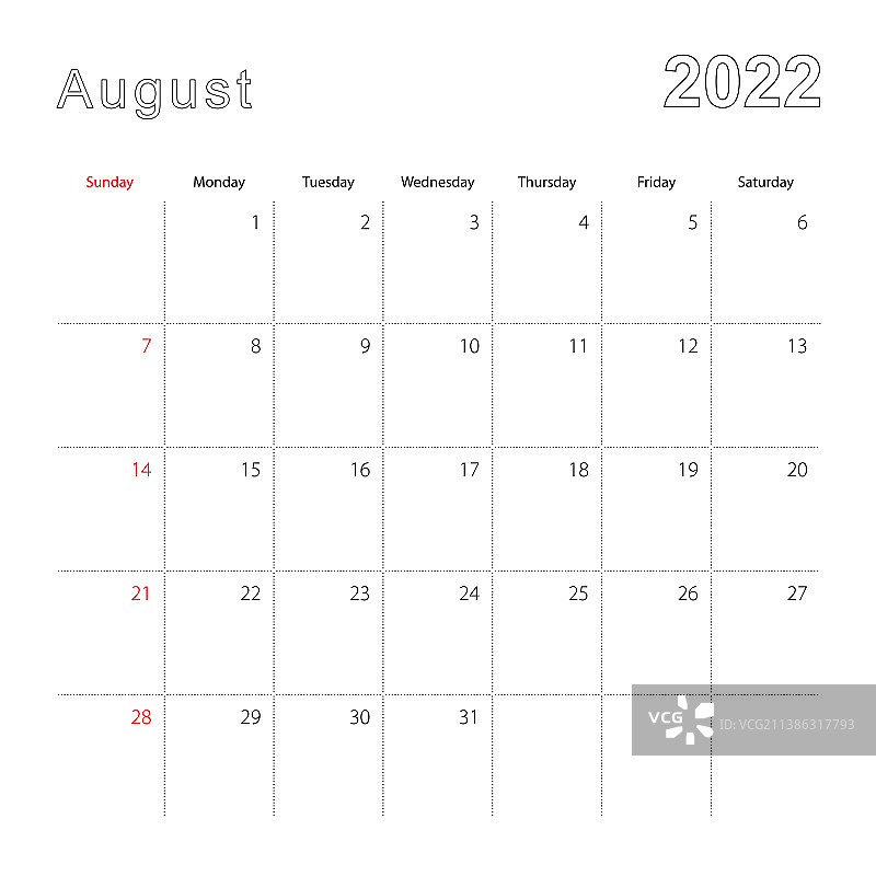 2022年8月简约墙壁日历，带虚线图片素材
