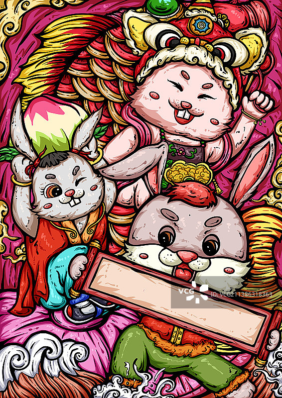 兔年国潮插画：玉兔迎春到图片素材