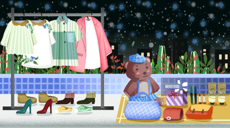 夜市摆滩卖衣服插画背景-GIF动图图片素材