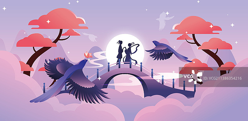 浪漫七夕情人节牛郎织女矢量海报图片素材