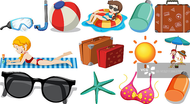 一组夏季海滩物品和卡通人物图片素材