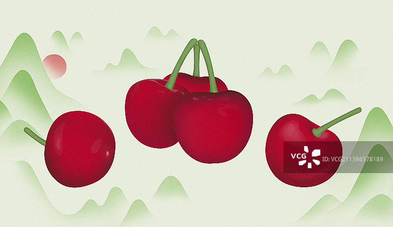 中国风手绘写实逼真夏季秋季新鲜水果樱桃车厘子山水插画，水果饮料饮品糖果汽水果酱酒果脯罐头露酒包装插画图片素材