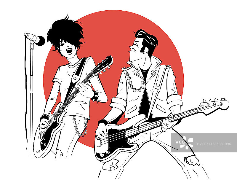 素描风格的两个朋克青年和电吉他图片素材