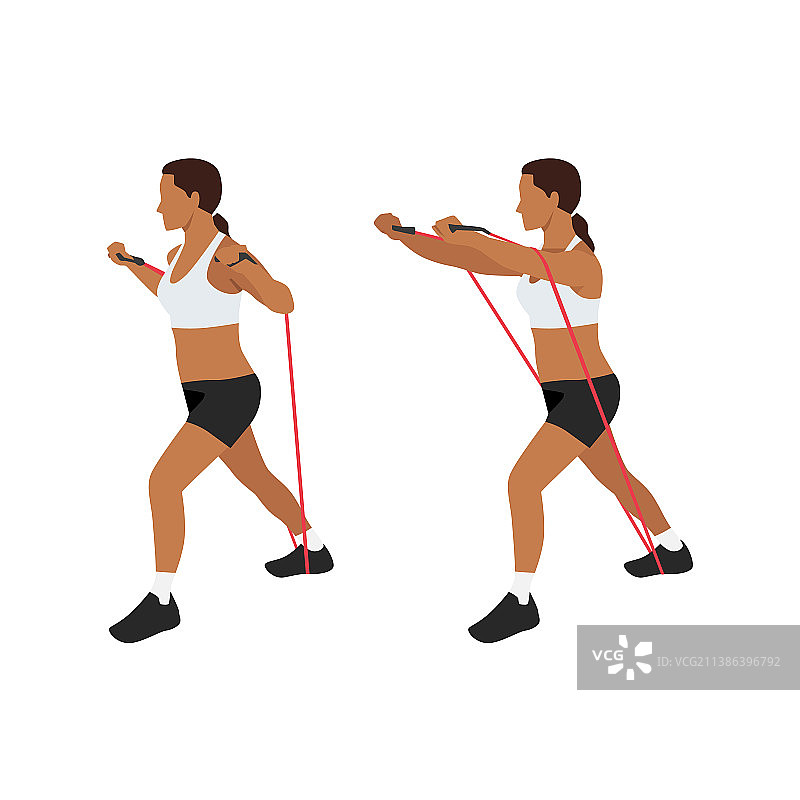 女人做阻力带胸前推举运动图片素材