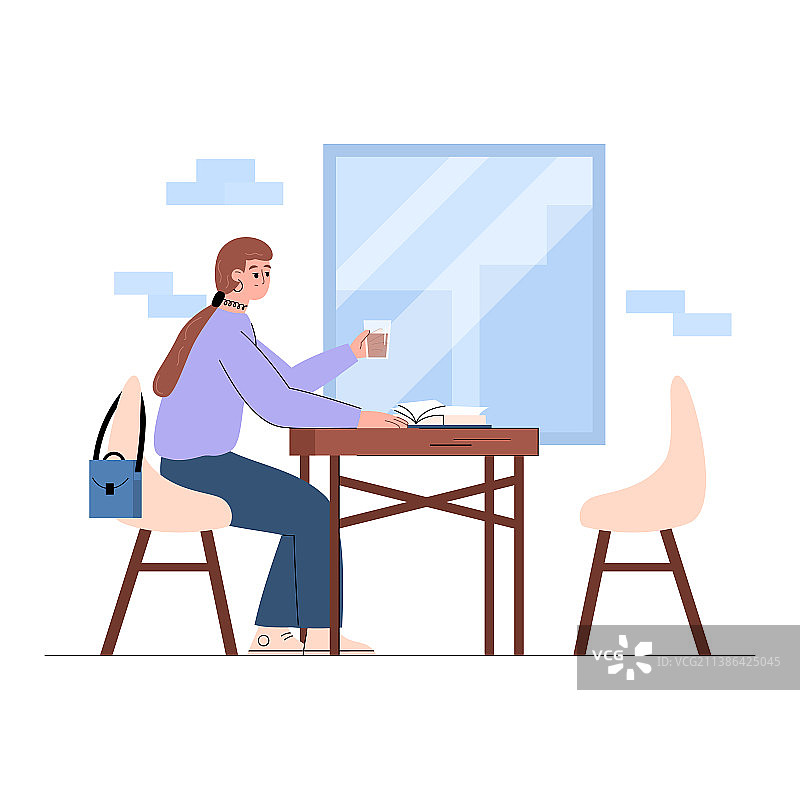 不开心的女人独自坐在咖啡馆看书图片素材