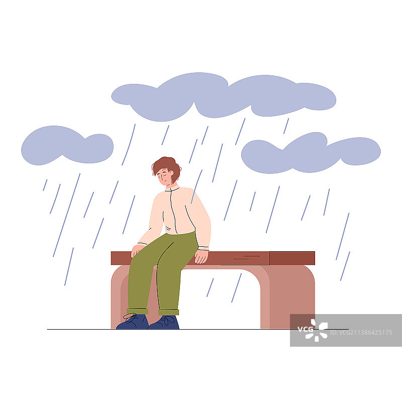 沮丧的男人坐在雨云下的长椅上图片素材