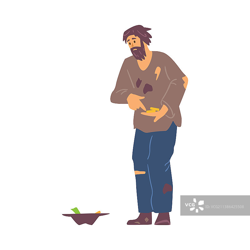 无家可归的失业乞丐男性角色扁平设计图片素材