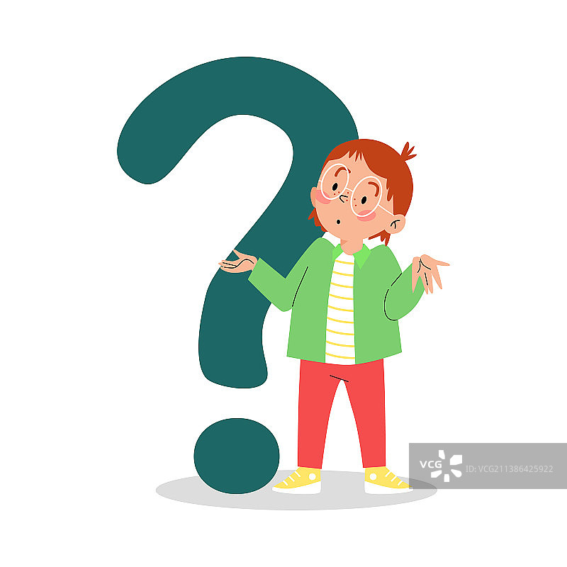 思考的聪明儿童与问号扁平设计图片素材