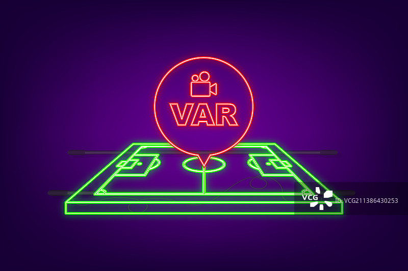 电视屏幕上的足球VAR系统霓虹灯图片素材