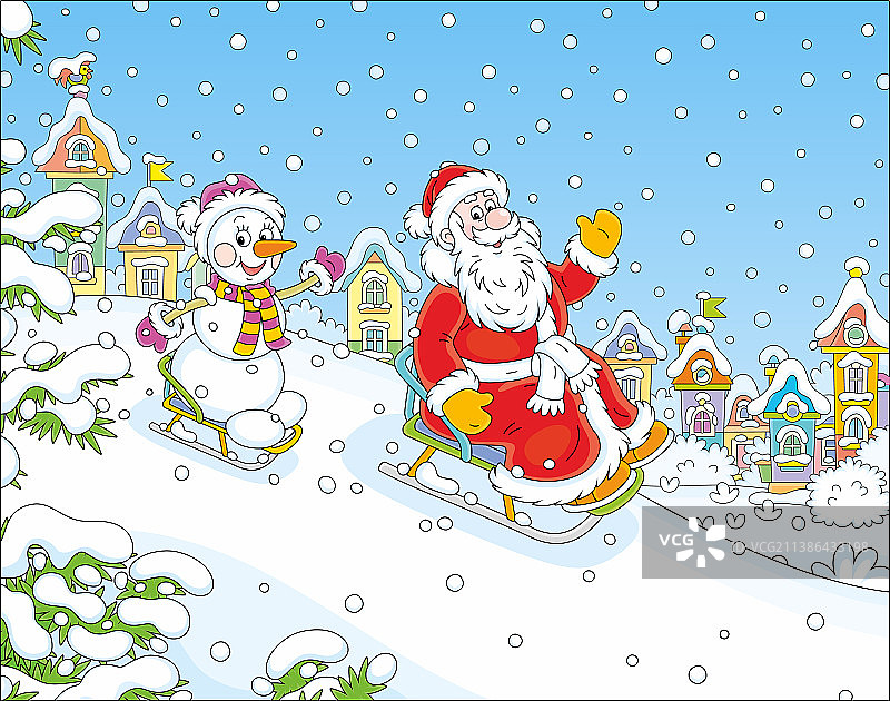 圣诞老人和雪人滑下雪山图片素材
