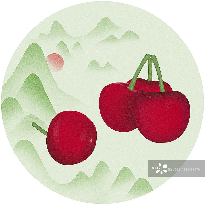 中国风手绘写实逼真夏季秋季新鲜水果樱桃车厘子山水插画，水果饮料饮品糖果汽水果酱酒果脯罐头露酒包装插画图片素材