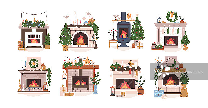 带火焰的圣诞壁炉套装图片素材