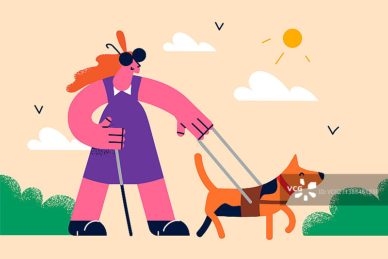 盲人妇女与导盲犬一起行走图片素材