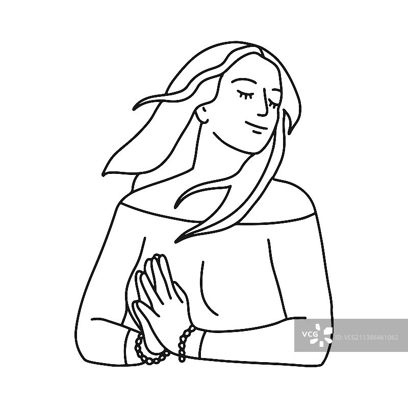 手 holding 合十礼的快乐女人单线画图片素材