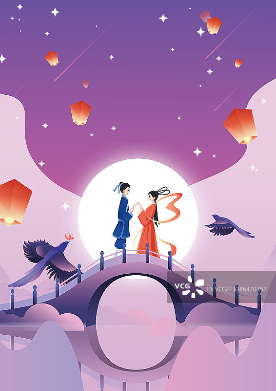 浪漫七夕情人节牛郎织女矢量海报图片素材