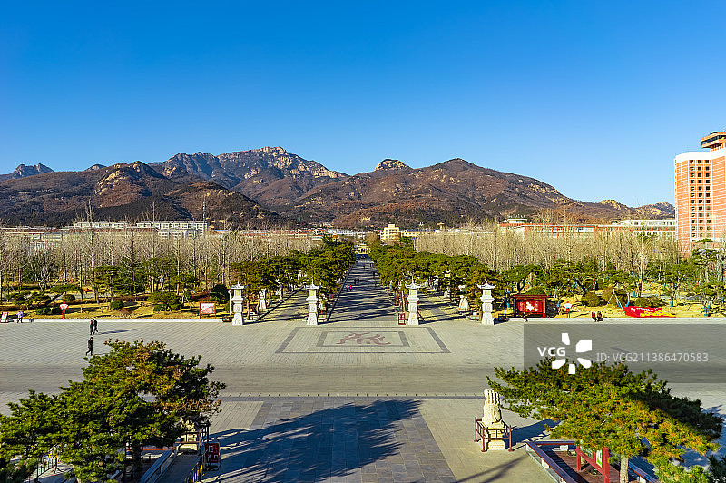 中国山东泰安著名景点泰山旅游风景区，高视角俯岱庙岱北广场的步行道路和两侧的树木，户外白昼无人图像摄影图片素材