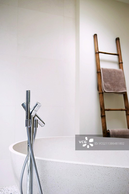 带独立浴缸、落地式水龙头和梯子式毛巾架的浴室图片素材