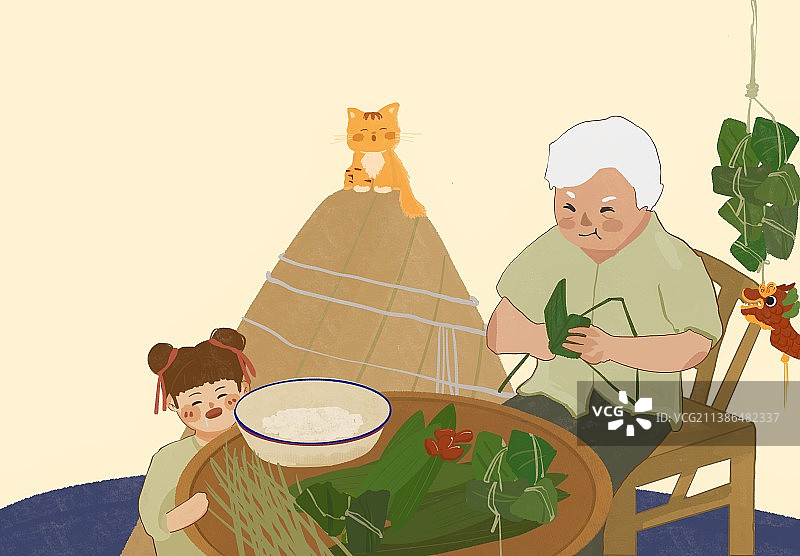 端午节我和我的奶奶在村里包粽子水彩扁平插画图片素材