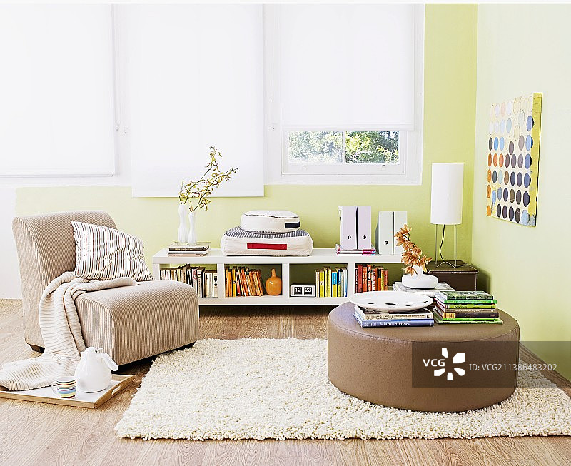 绿漆客厅中地毯和扶手椅上的奥斯曼风格图片素材