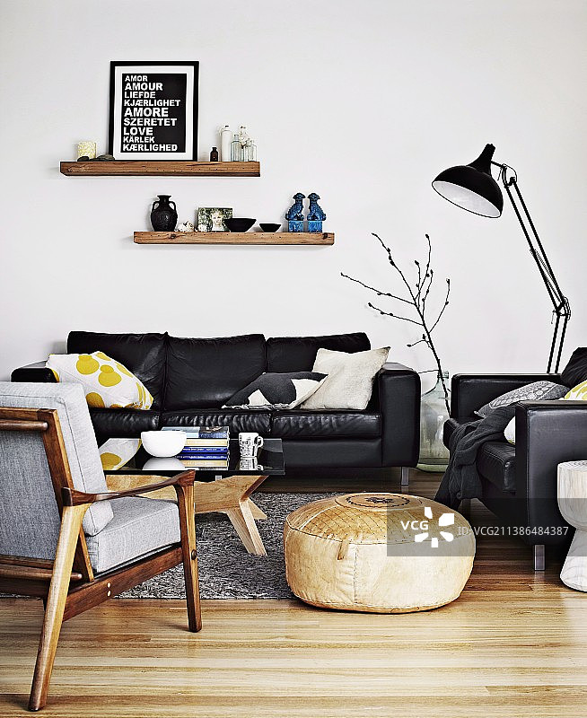 起居室：扶手椅、皮革沙发与落地灯图片素材