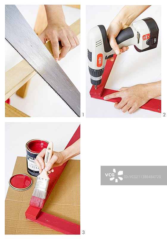 女人用锯子、电钻和画笔制作红色木框图片素材