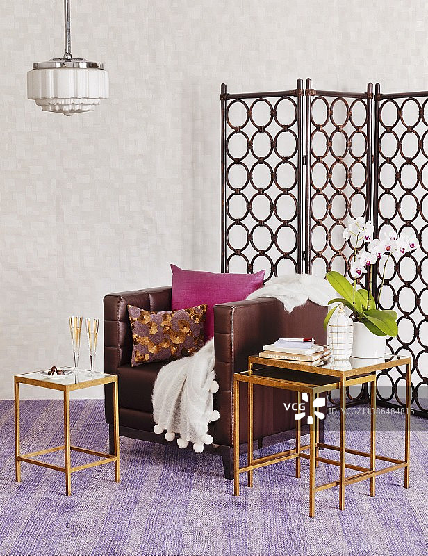 棕色皮革扶手椅、复古边桌和圆形图案屏风图片素材