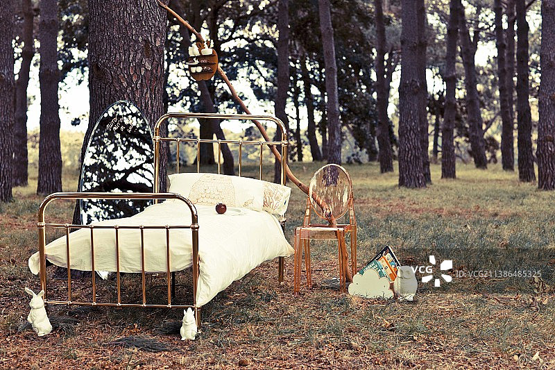 童话：森林中的金属床和透明椅子图片素材